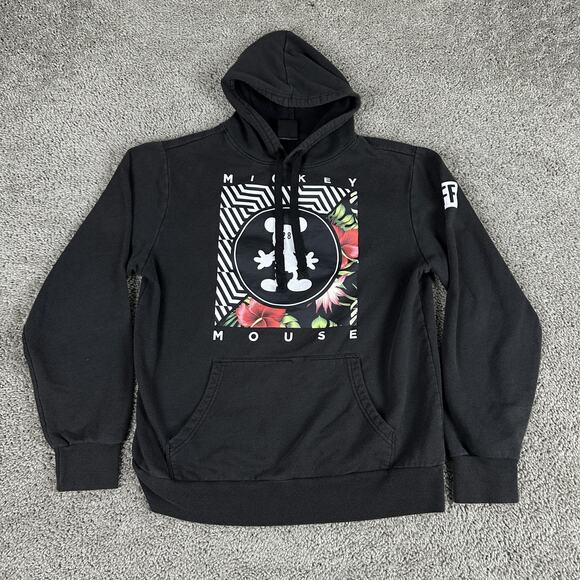 Mickey Mouse Hoodie Womens Medium Black NEFF Floral Graphic Pullover Disney 28 - Picture 1 of 12